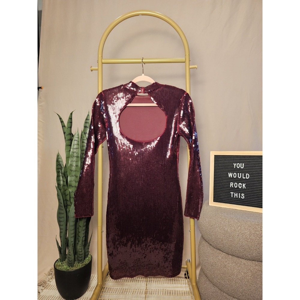 Express Burgundy Sequin Long Sleeve Open Back Mock Neck Bodycon Mini Dress M NEW - Picture 2 of 5